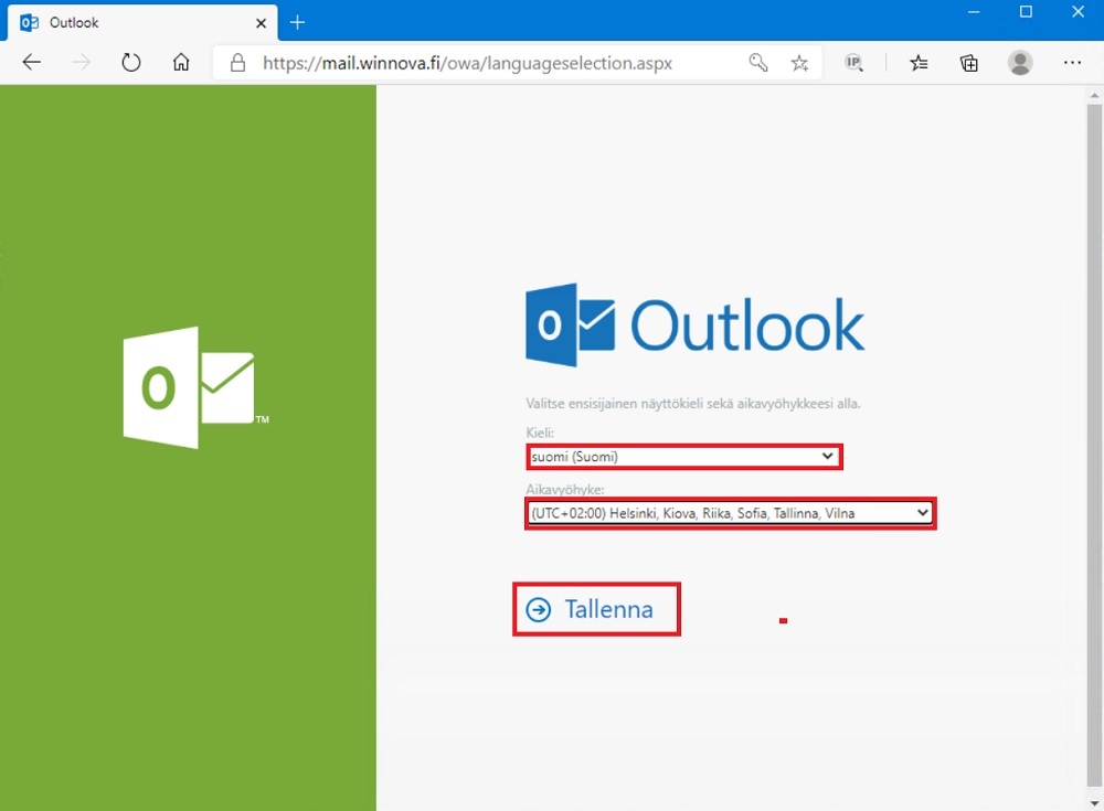 Webmail kielen ja aikavyhykkeen valinta